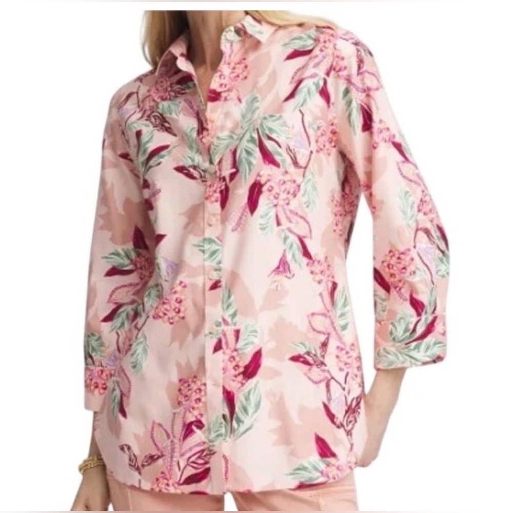 Talbots Sateen Cotton  No Iron Button Down Top SZ 0/Sz 4 Floral Tropical Capsule